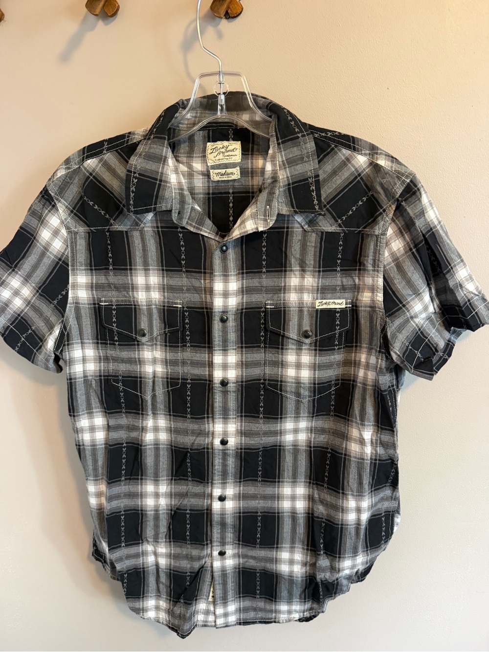 LUCKY BRAND Mens Black Plaid Pearl Snap Western Shirt M